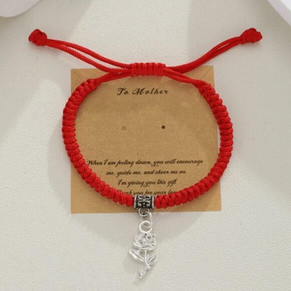 Silver Rose Charm Bracelet Red Textile Double Pull Mother Display Card - Picture 4 of 5
